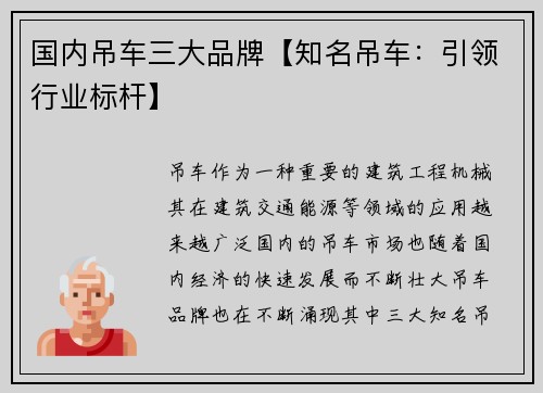 国内吊车三大品牌【知名吊车：引领行业标杆】