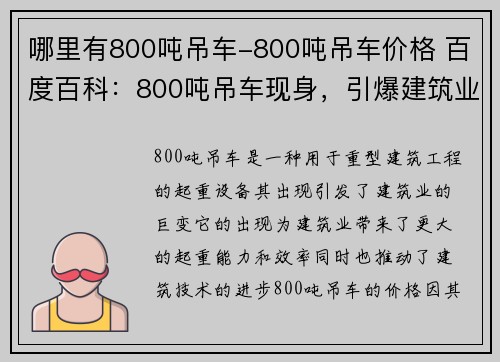 哪里有800吨吊车-800吨吊车价格 百度百科：800吨吊车现身，引爆建筑业巨变