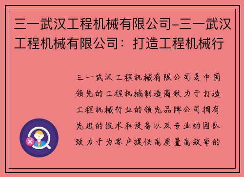 三一武汉工程机械有限公司-三一武汉工程机械有限公司：打造工程机械行业领先品牌
